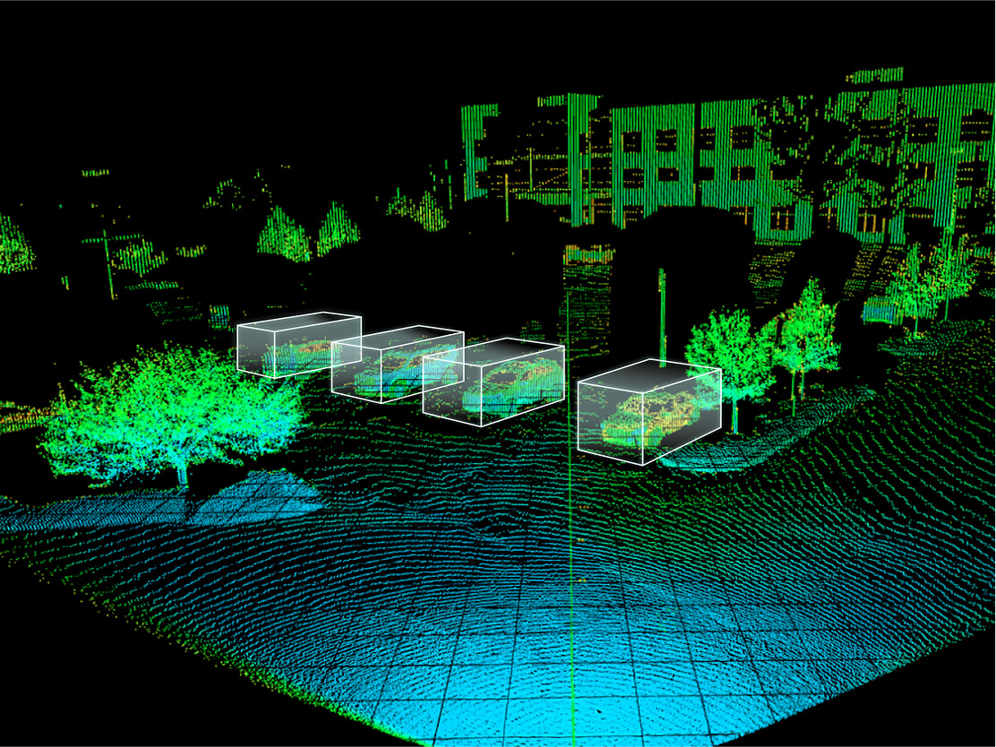 Vue d'une place extérieure, créée par le LiDAR d'un véhicule