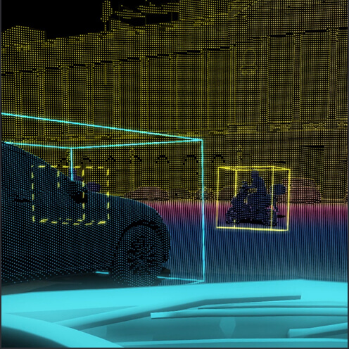 Vue de l'extérieure avec voitures et motos, recréée par le LiDAR d'un véhicule